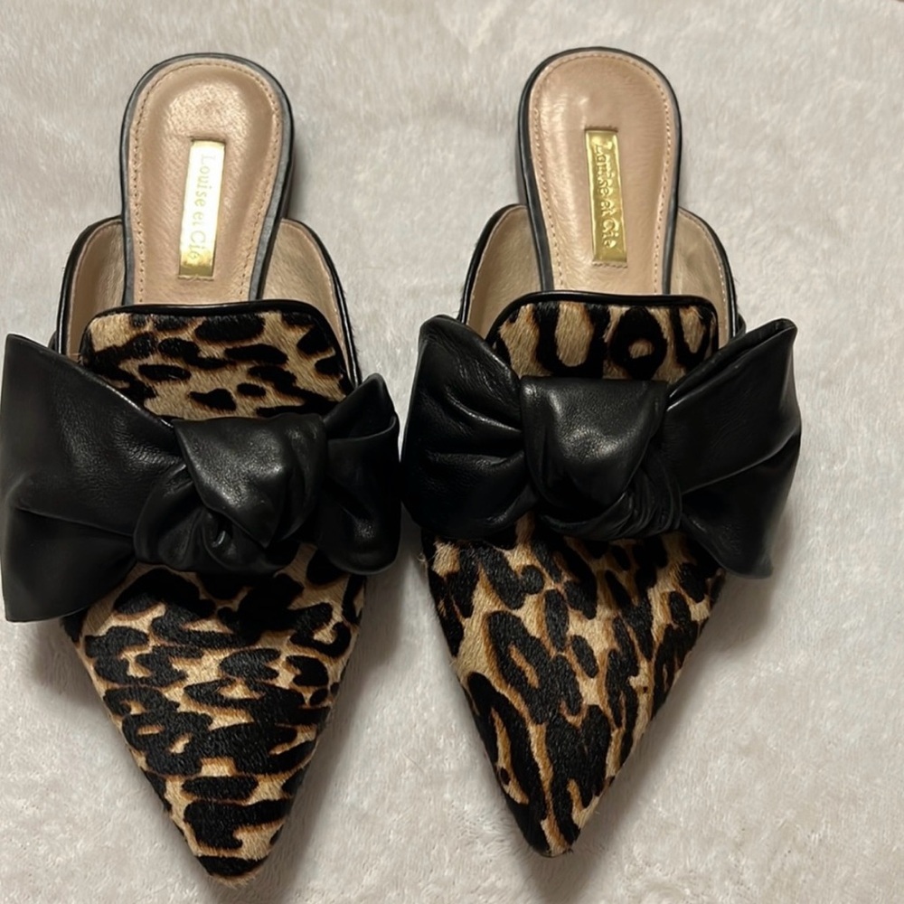 LOUISE ET CIE Calf Hair Leopard Bow Mule Flats 6.5 slide